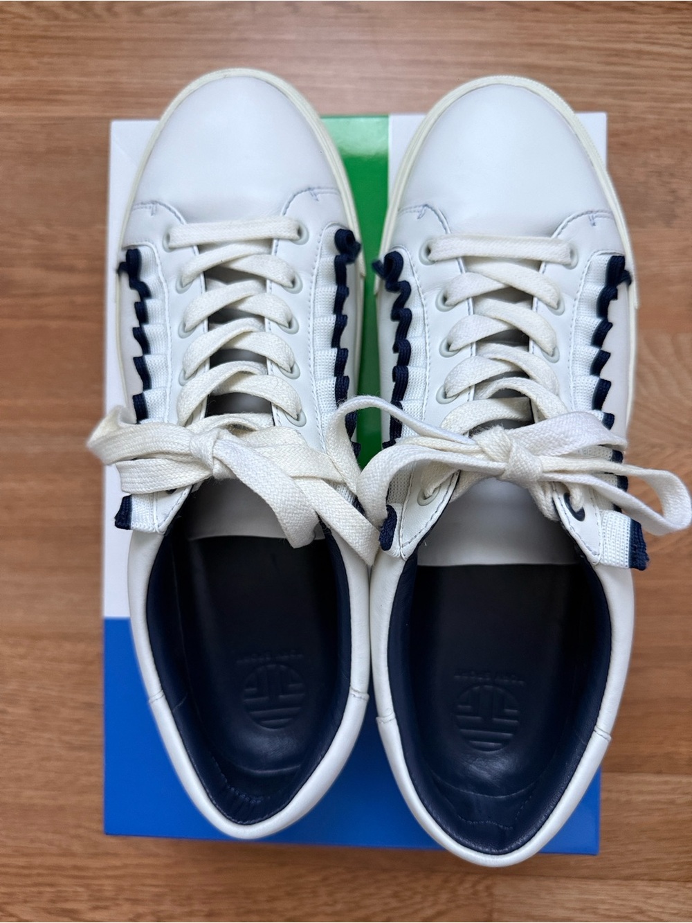 Tory Sport Ruffle White Leather Sneakers with Navy Trim